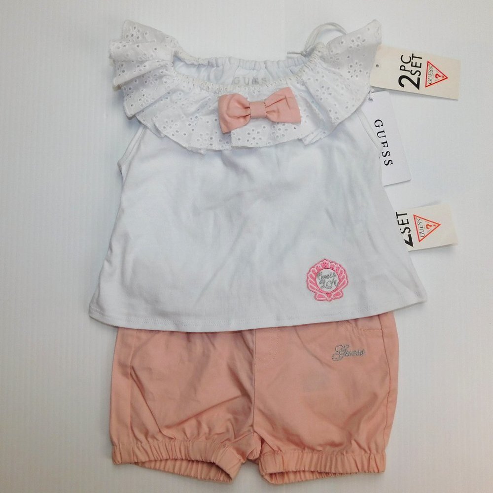 Guess Baby Girls 3-6 Months Shorts & Top White Pink Set NEW